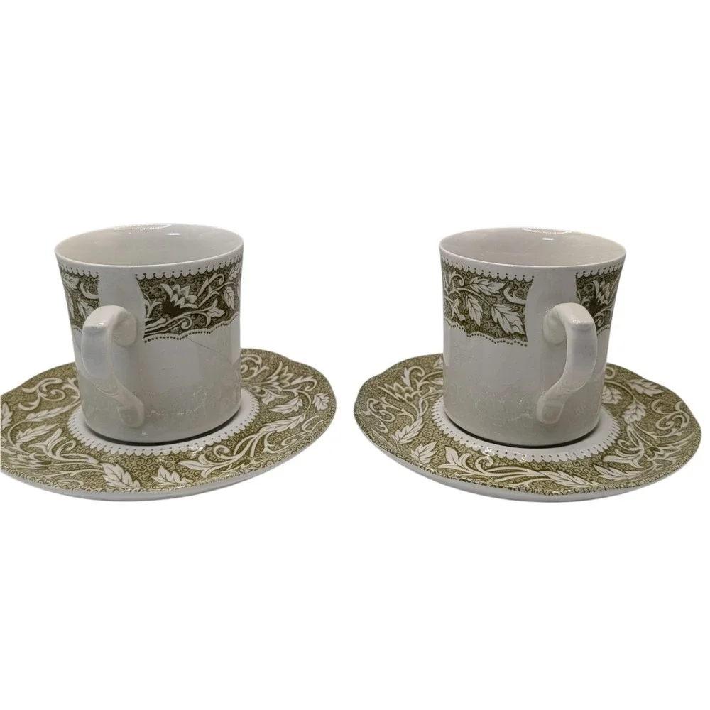 J G Meakin Teacups Saucers Renaissance‎ Green English Ironstone Set of Two SEE